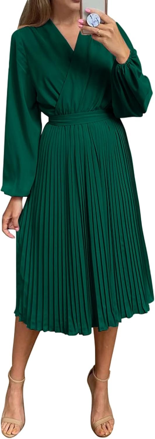 Saonta  Womens V Neck Flowy Ruffle Pleated Casual Fall Dress