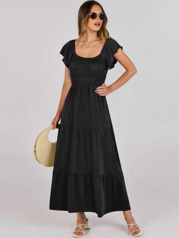 Saonta  Women's 2024 Summer Casual Maxi Dress Flutter Sleeve Scoop Neck Smocked Tiered A Line Flowy Beach Long Sun Dresses