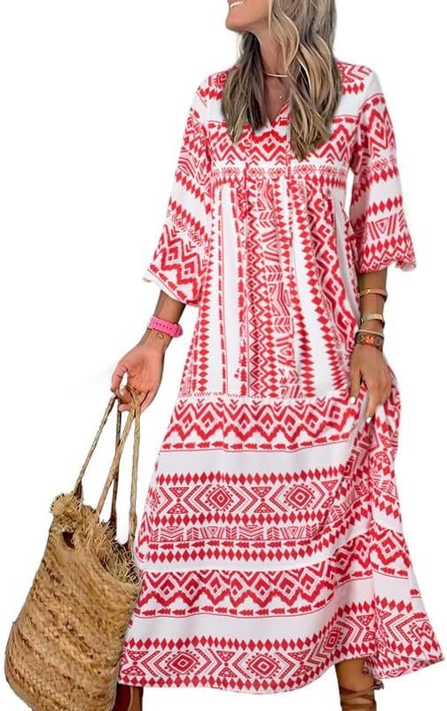 Saonta  Women Boho Maxi Dresses 2024 V Neck Long Puff Sleeve Smocked Ruffle Flowy Casual Dress