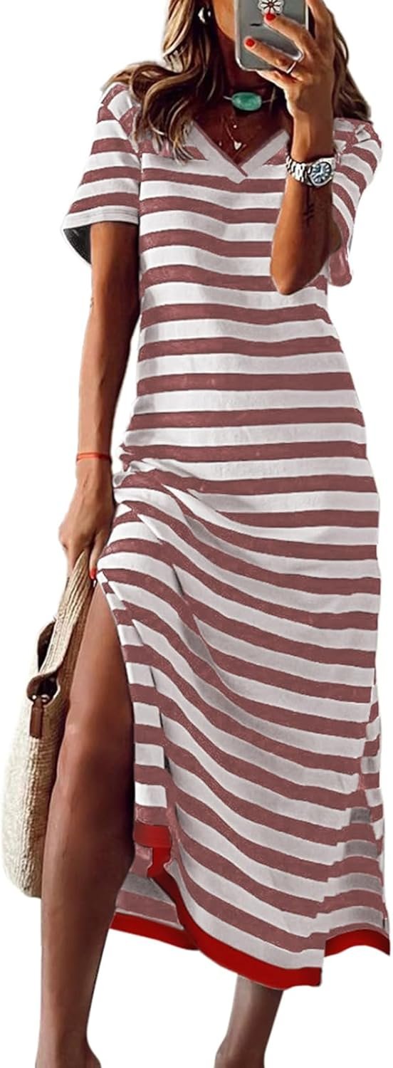 Saonta  Summer Dress Casual Womens Fashion Short Sleeve Maxi Dress T Shirt Dress Striped Long Color Block Maxi Dress