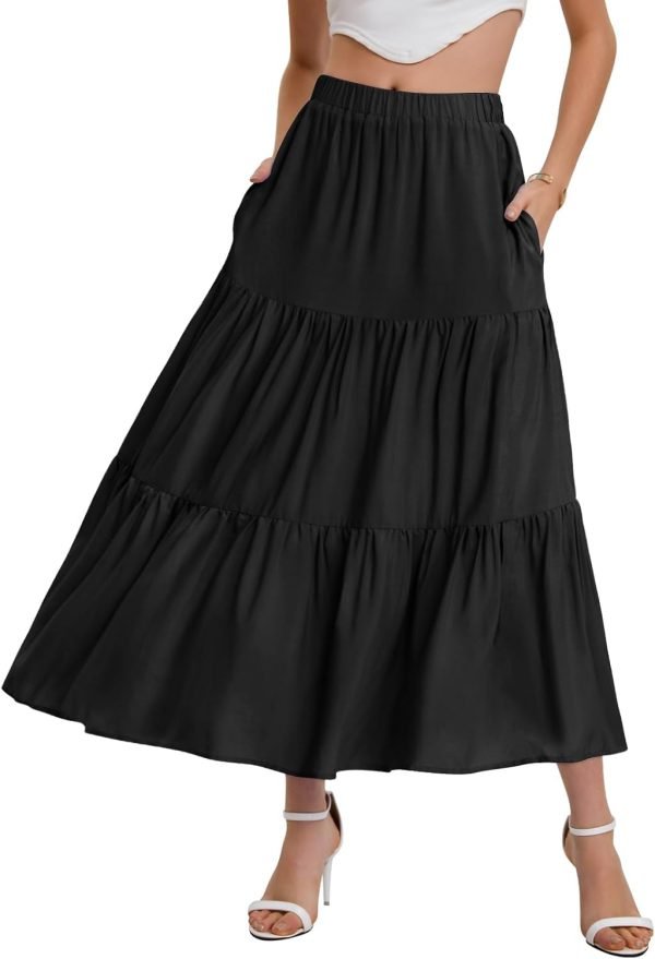 Saonta  Women??s Summer Boho Elastic Waist A-Line Beach Flowy Swing Ruffle Hem Tiered Maxi Skirt with Pockets