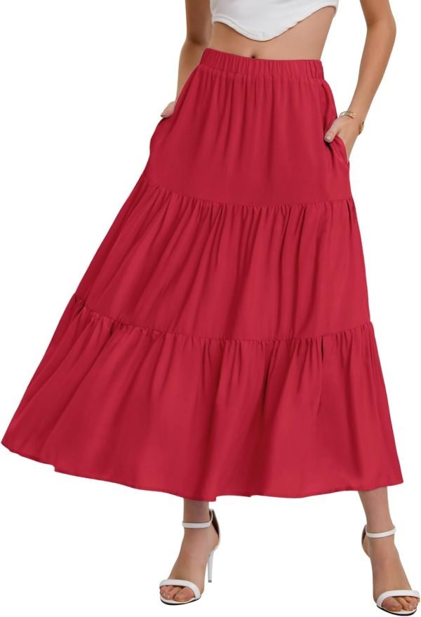 Saonta  Women??s Summer Boho Elastic Waist A-Line Beach Flowy Swing Ruffle Hem Tiered Maxi Skirt with Pockets
