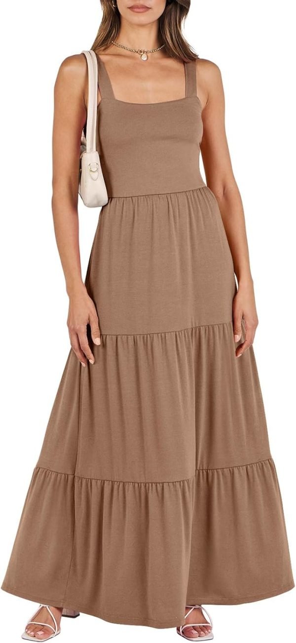 Saonta  Women's Summer Casual Long Maxi Beach Vacation Dresses Sleeveless Square Neck Flowy Tiered Sun Dress with Pockets