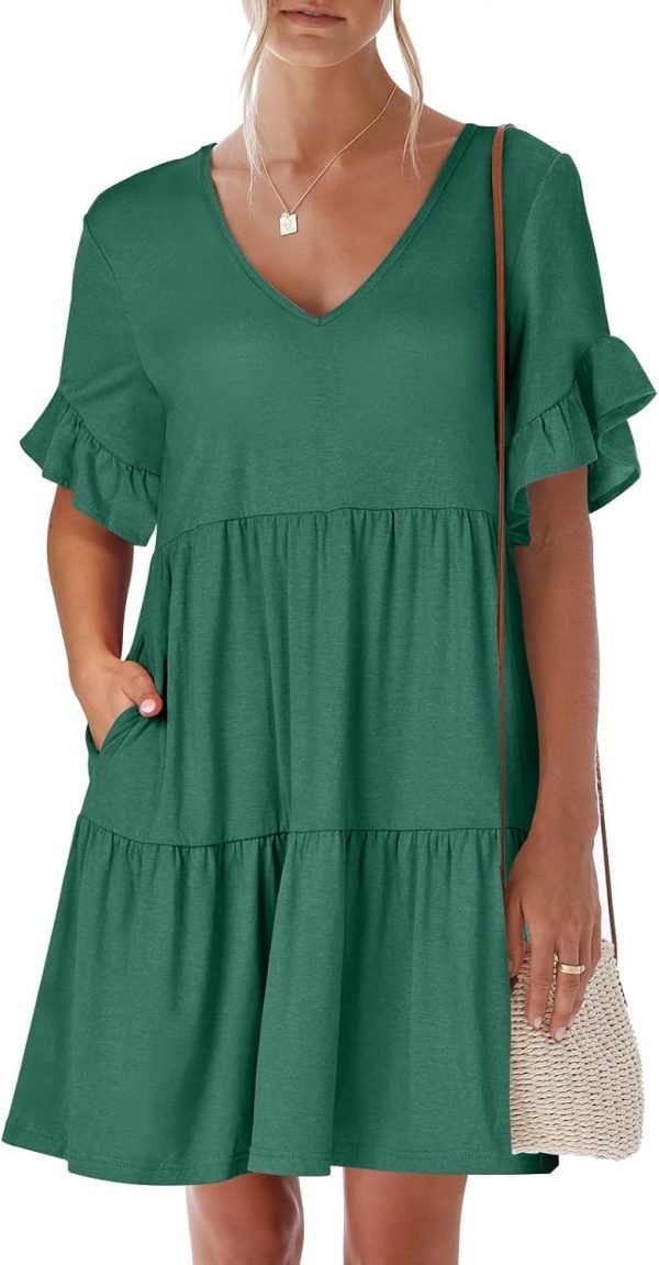 Saonta  Women's 2024 Summer Trendy V Neck Ruffle Short Sleeve A Line Tiered Flowy Casual Mini Beach Dress with Pockets