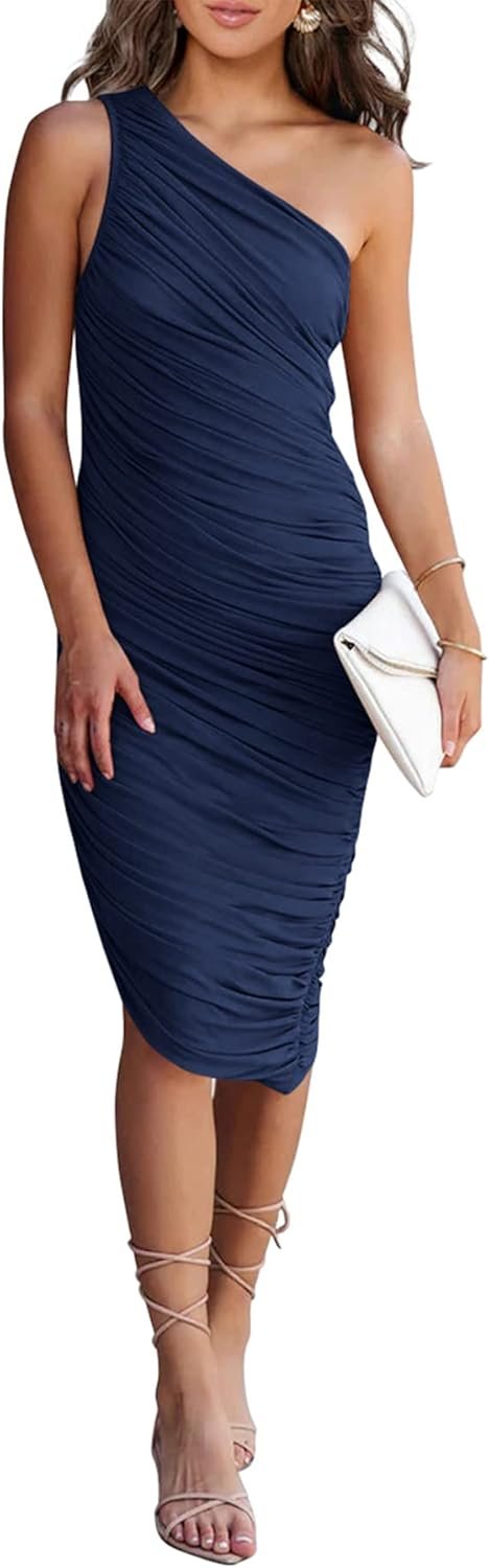 Saonta Women's Ruched Bodycon Dress 2024 Summer One Shoulder Sleeveless Party Cocktail Pencil Dresses