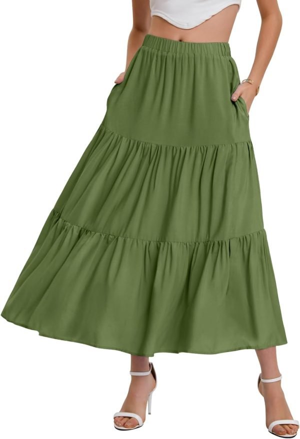 Saonta  Women??s Summer Boho Elastic Waist A-Line Beach Flowy Swing Ruffle Hem Tiered Maxi Skirt with Pockets