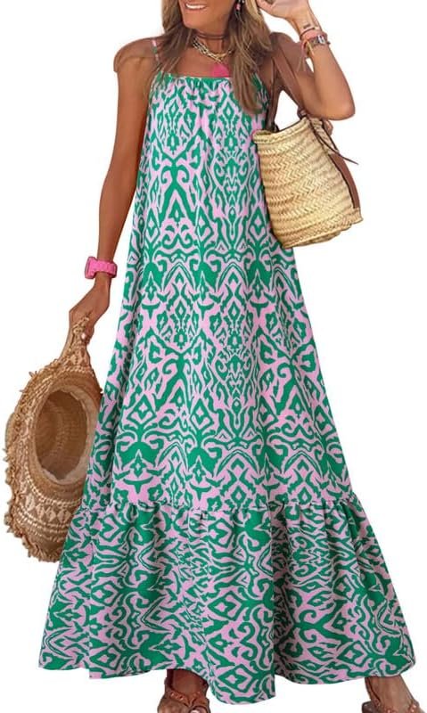 Saonta  Women Summer Dresses 2024 Spaghetti Strap Scoop Neck Smocked Ruffle Flowy Boho Maxi Dress