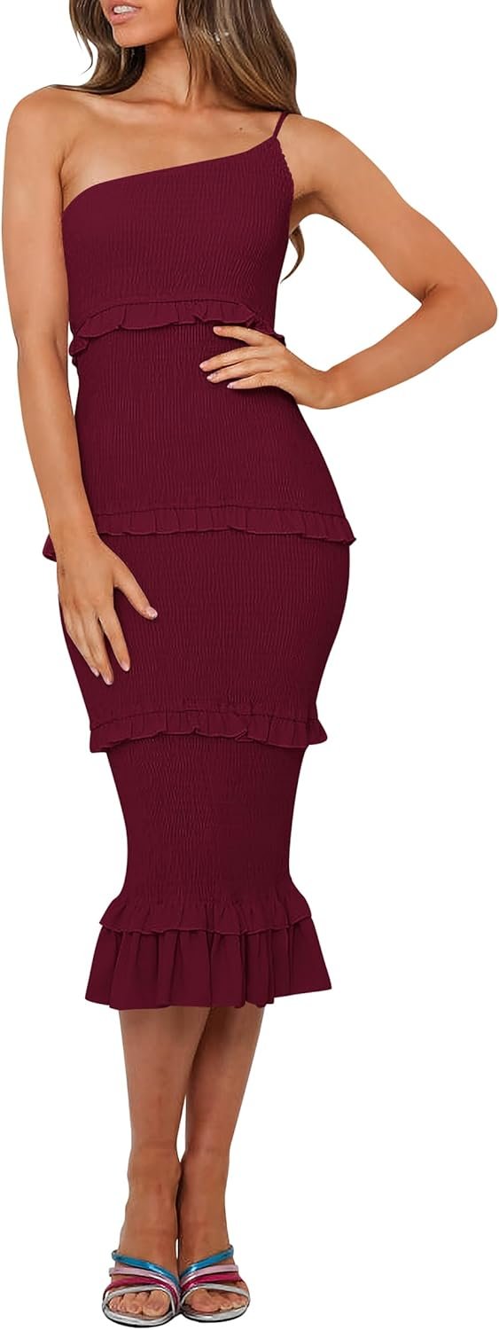 Saonta  Womens Floral Summer One Shoulder Strappy Tiered Ruffle Midi Bodycon Dresses