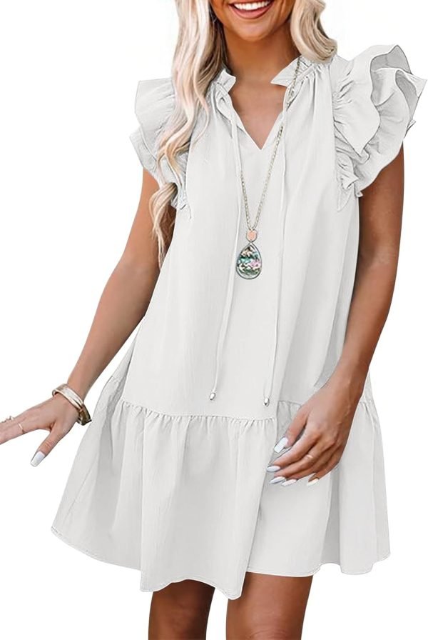 Saonta  Womens Summer V-Neck Drawstring Ruffle Cap Short Sleeve Casual Shift Mini Dress with Pockets