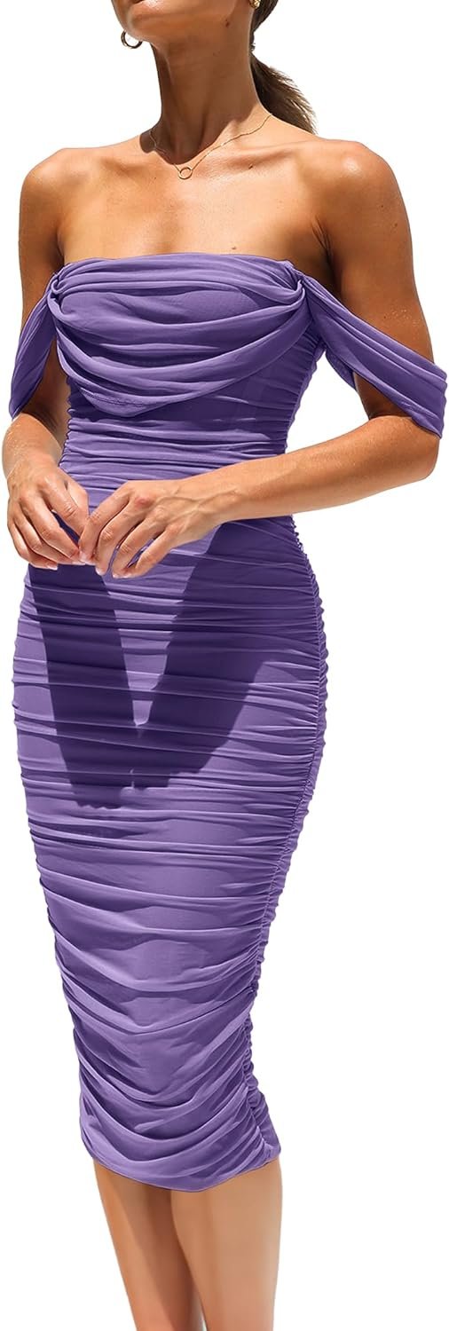 Saonta Womens Summer Off The Shoulder Ruched Bodycon Dresses Sleeveless Fitted Party Club Midi