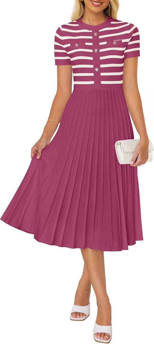 Saonta Women's Casual Striped Midi Dress Crewneck Short Sleeve Button Ribbed Knit Swing Pleated A Line Dresses