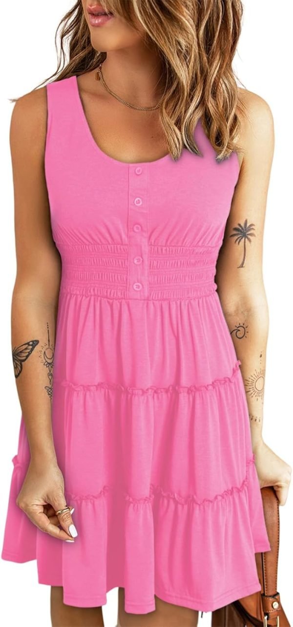 Saonta  Womens Summer Dresses 2024 Sleeveless Button Down Smocked Elastic Waist Ruffle Tiered Casual Swing Mini Dress