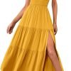Saonta  Women's Summer One Shoulder Sleeveless Knot Smocked Midi Dress Split Tiered Flowy Dresses