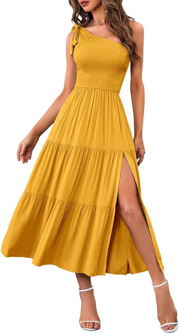 Saonta  Women's Summer One Shoulder Sleeveless Knot Smocked Midi Dress Split Tiered Flowy Dresses