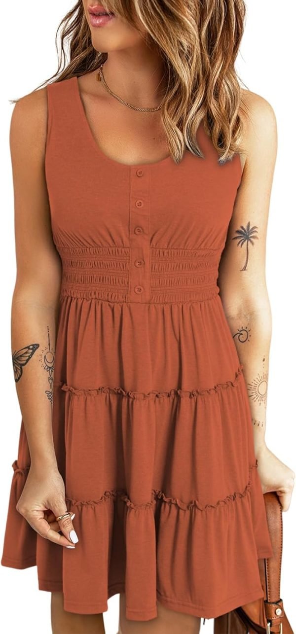 Saonta  Womens Summer Dresses 2024 Sleeveless Button Down Smocked Elastic Waist Ruffle Tiered Casual Swing Mini Dress