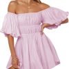 Saonta  Womens Off The Shoulder Summer Dresses 2024 Short Lantern Sleeve Ruffle Elastic Waist A-Line Casual Mini Dress
