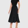 Saonta Womens Summer Short Sleeve Midi Dresses Spring Casual Crew Neck Knit Belted Pleated A Line Flowy Wedding Guest Dress
