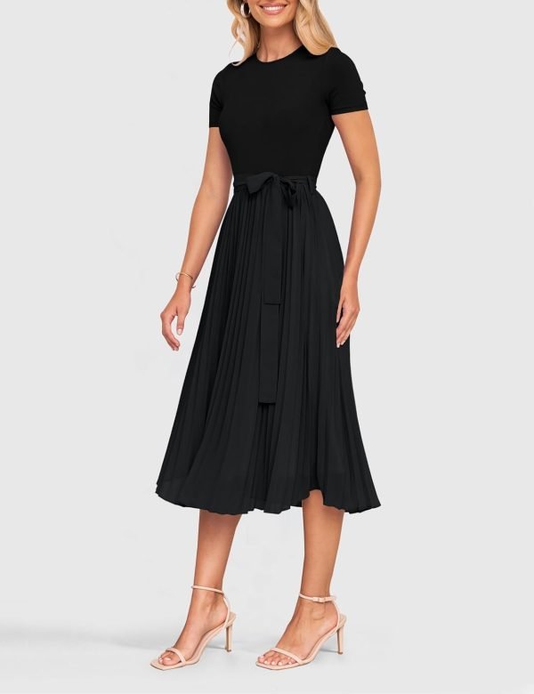Saonta Womens Summer Short Sleeve Midi Dresses Spring Casual Crew Neck Knit Belted Pleated A Line Flowy Wedding Guest Dress