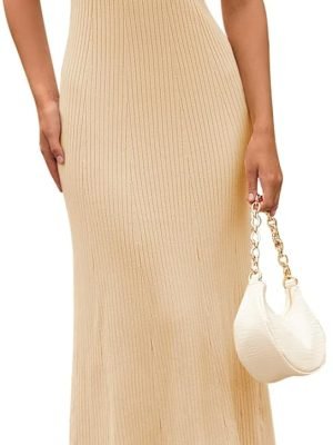 Saonta  Women's V Neck Ribbed Knit Maxi Dress Button Short Sleeve Slim Fit Bodycon Sweater Dress