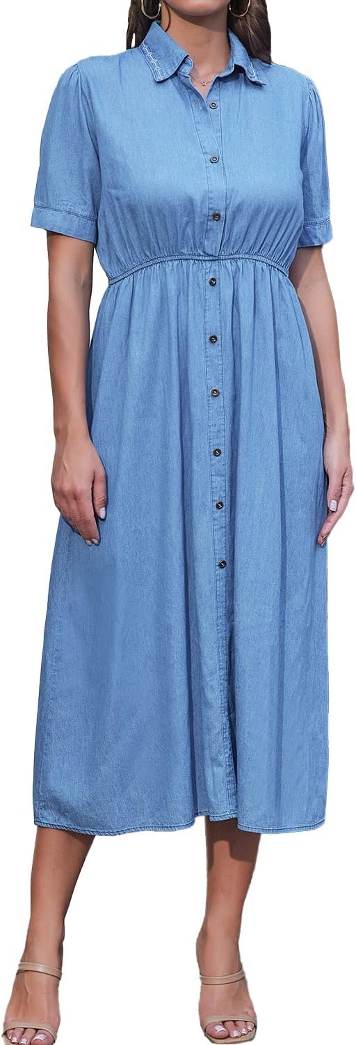 Saonta  Women's Maxi Dress Sleeveless Denim Long Summer A-line Casual Blue Cotton Boho Flowy Sundresses for Women