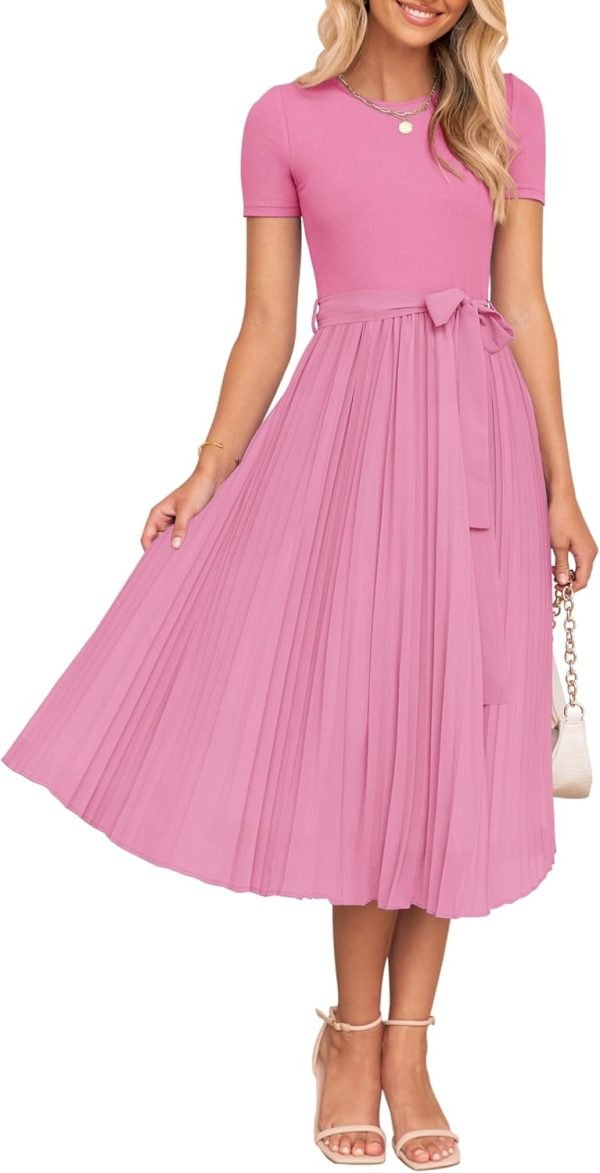Saonta Womens Summer Short Sleeve Midi Dresses Spring Casual Crew Neck Knit Belted Pleated A Line Flowy Wedding Guest Dress