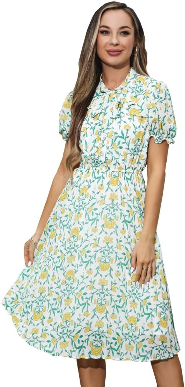 Saonta  Work Dresses for Women 2023 Long Sleeves Chiffon Black Dress Retro Pleated Buttons Down Bow Tie Loose Causal Dresses