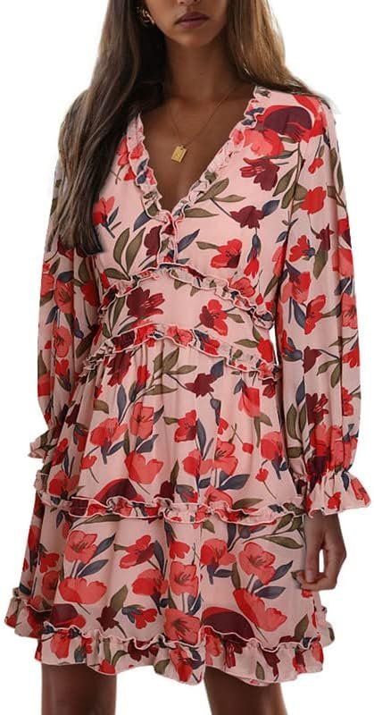Saonta  Womens 2024 Spring Summer Deep V Neck Ruffle Floral Flowy Mini Dress