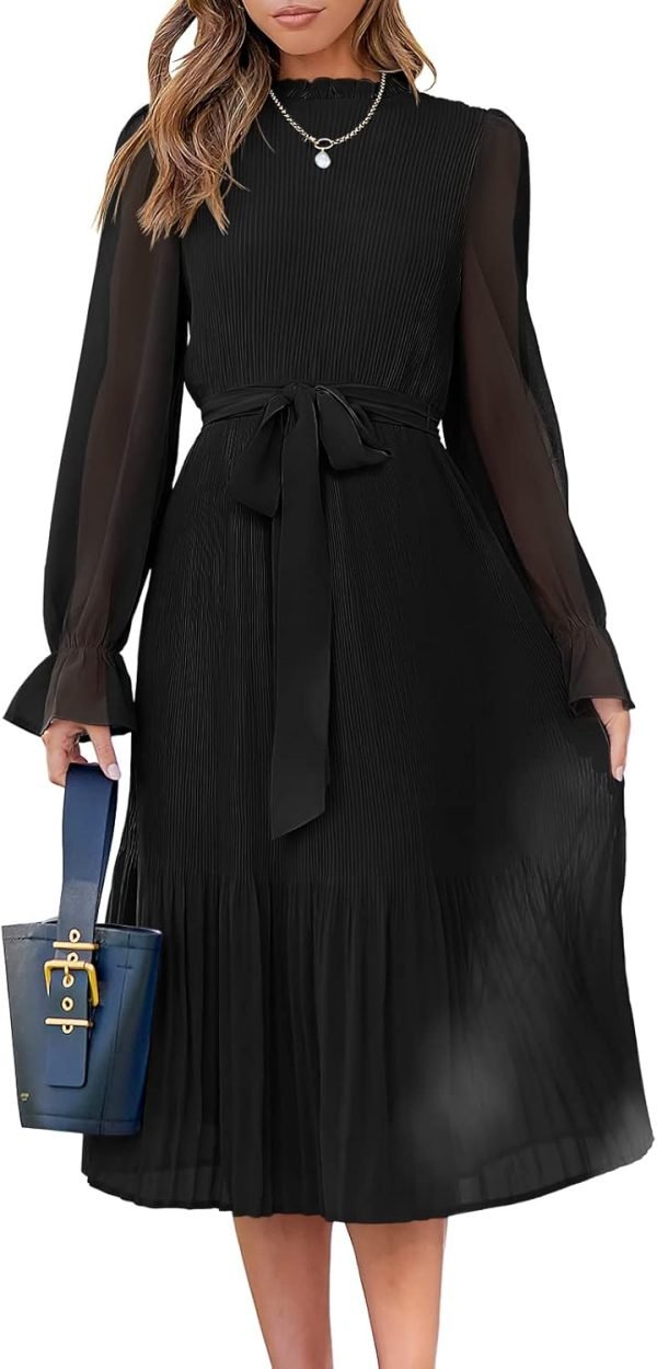 Saonta  Women's Floral Midi Dress Puff Long Sleeve Casual Ruffle Chiffon A-Line Swing Pleated Belted Tea Party Dresses