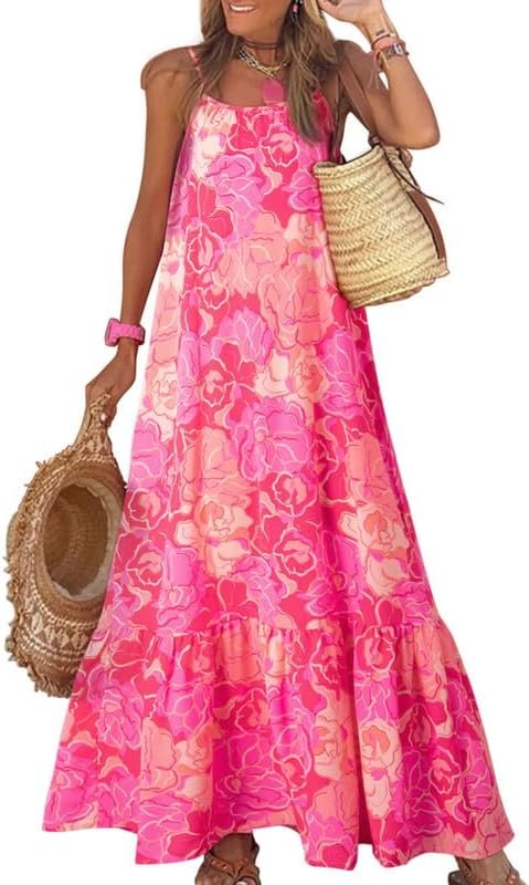 Saonta  Women Summer Dresses 2024 Spaghetti Strap Scoop Neck Smocked Ruffle Flowy Boho Maxi Dress