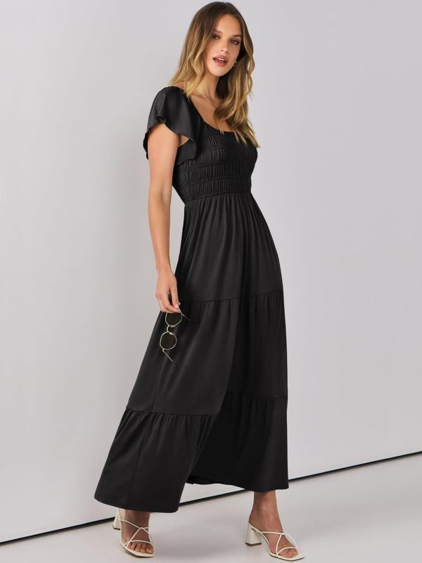 Saonta  Women's 2024 Summer Casual Maxi Dress Flutter Sleeve Scoop Neck Smocked Tiered A Line Flowy Beach Long Sun Dresses