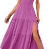 Saonta  Women's Summer One Shoulder Sleeveless Knot Smocked Midi Dress Split Tiered Flowy Dresses