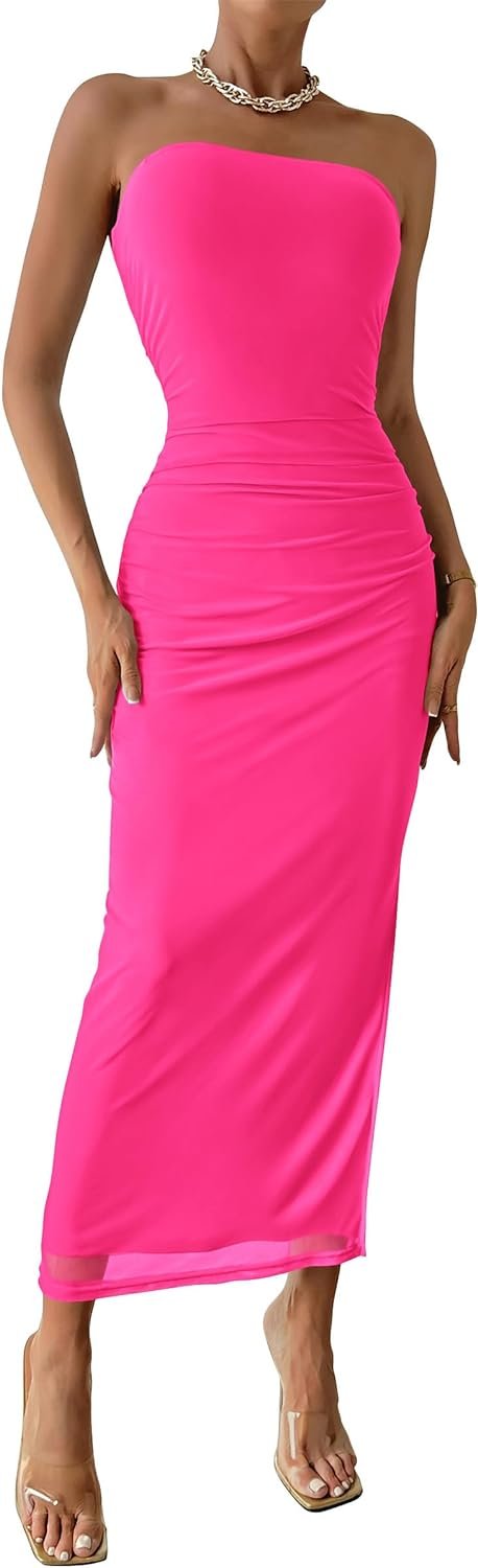 Saonta  Women's Summer Maxi Bodycon Dresses Strapless Tube Top Printed Long Party Club Slit Dress