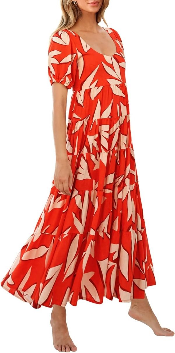 Saonta  Womens Dresses 2024 Puff Sleeve Floral Casual Summer Dresses Smocked Backless Beach Flowy Tiered Maxi Dress