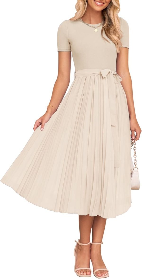 Saonta Womens Summer Short Sleeve Midi Dresses Spring Casual Crew Neck Knit Belted Pleated A Line Flowy Wedding Guest Dress