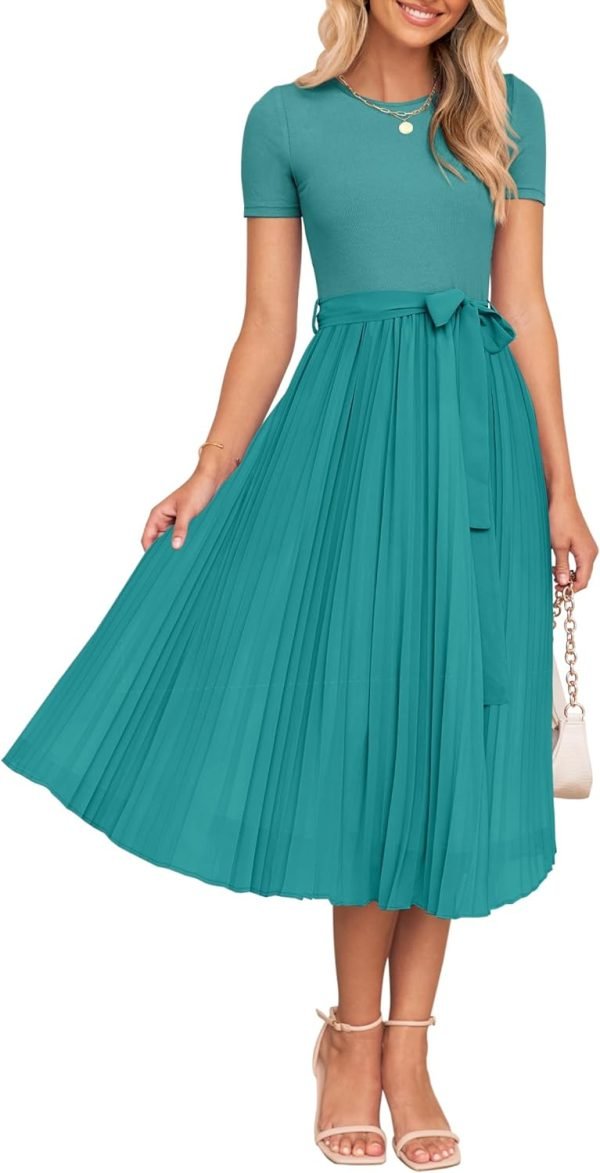 Saonta Womens Summer Short Sleeve Midi Dresses Spring Casual Crew Neck Knit Belted Pleated A Line Flowy Wedding Guest Dress