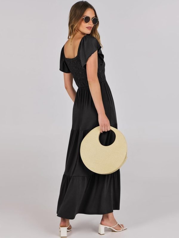 Saonta  Women's 2024 Summer Casual Maxi Dress Flutter Sleeve Scoop Neck Smocked Tiered A Line Flowy Beach Long Sun Dresses