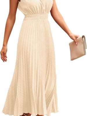 Saonta Womens Midi Summer V Neck Swiss Dot Ruffle Sleeveless A Line Beach Sun Dress