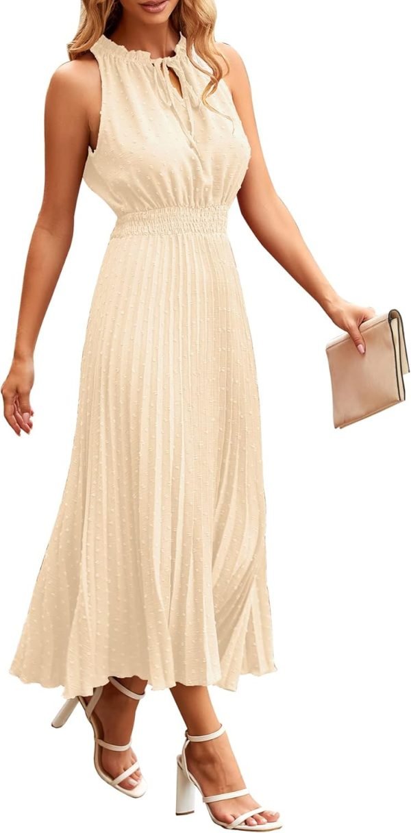 Saonta Womens Midi Summer V Neck Swiss Dot Ruffle Sleeveless A Line Beach Sun Dress