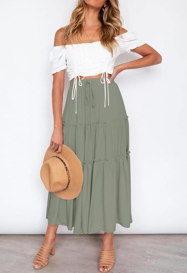 Saonta  Women's Boho Elastic High Waist A Line Ruffle Swing Beach Maxi Skirt with Pockets