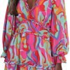Saonta  Womens 2024 Spring Summer Deep V Neck Ruffle Floral Flowy Mini Dress