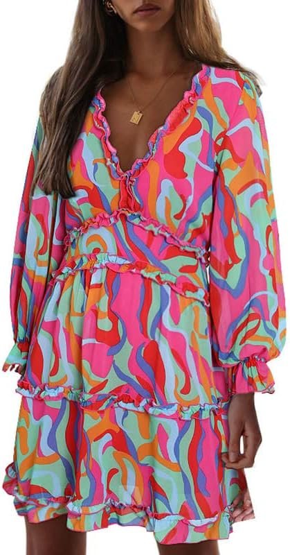 Saonta  Womens 2024 Spring Summer Deep V Neck Ruffle Floral Flowy Mini Dress