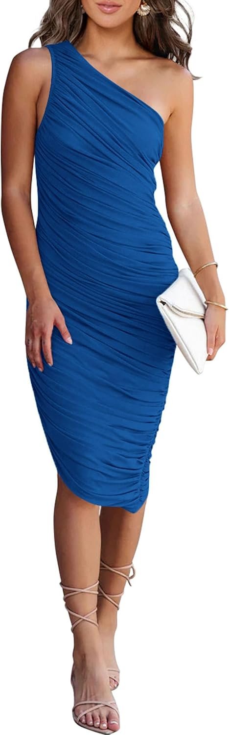 Saonta Women's Ruched Bodycon Dress 2024 Summer One Shoulder Sleeveless Party Cocktail Pencil Dresses
