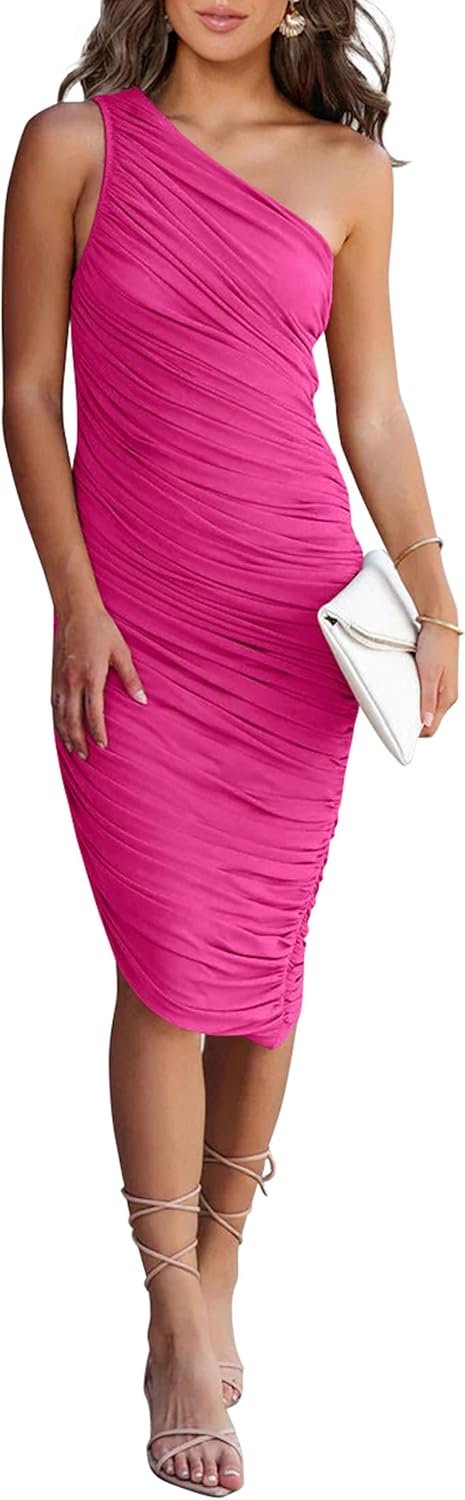 Saonta Women's Ruched Bodycon Dress 2024 Summer One Shoulder Sleeveless Party Cocktail Pencil Dresses