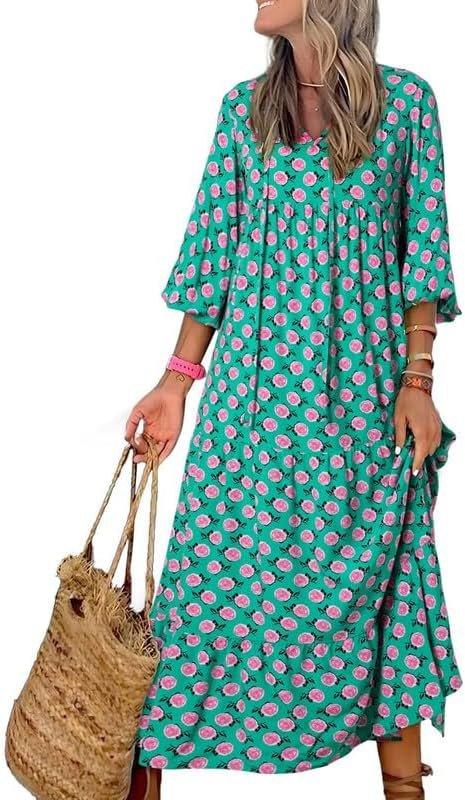 Saonta  Women Boho Maxi Dresses 2024 V Neck Long Puff Sleeve Smocked Ruffle Flowy Casual Dress