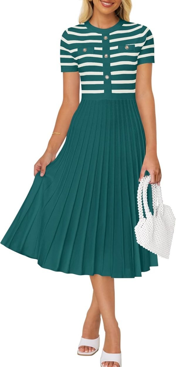 Saonta Women's Casual Striped Midi Dress Crewneck Short Sleeve Button Ribbed Knit Swing Pleated A Line Dresses