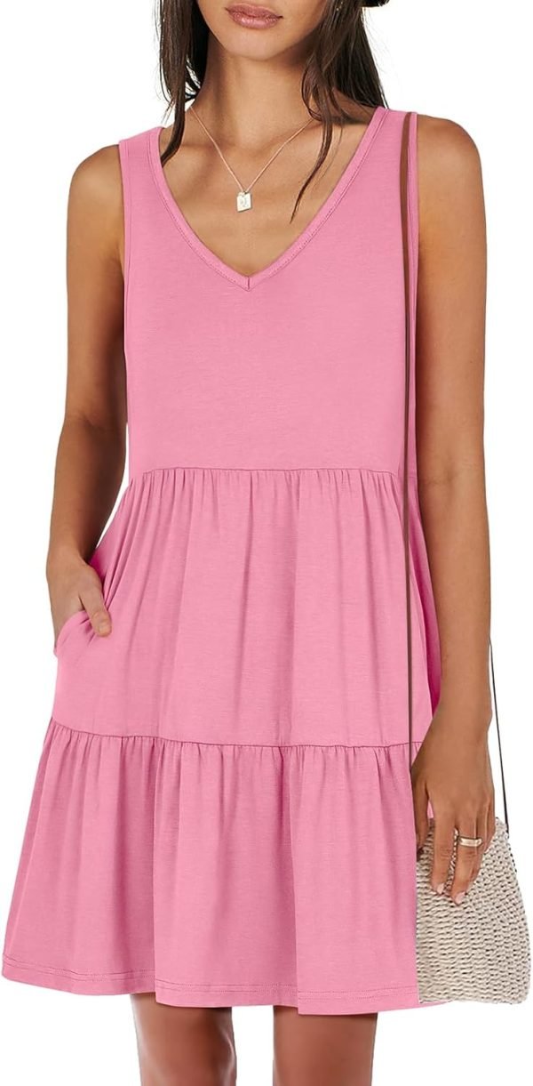 Saonta  Womens Summer Casual Tank Dress Sleeveless V Neck T Shirt Sundress Flowy Tiered Swing Mini Beach Vacation Dresses