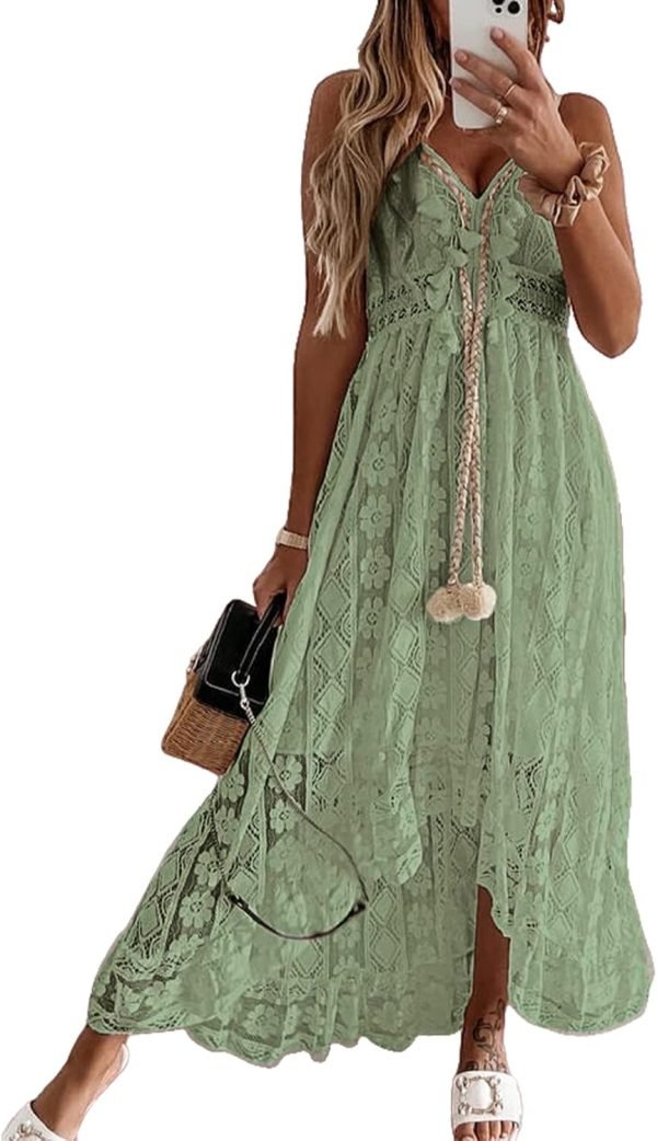 Saonta  Women's Maxi Dress Lace Dresses Boho Tassel V-Neck Flare Ruffle Adjustable Straps Beach Summer Long Dress