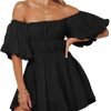 Saonta  Womens Off The Shoulder Summer Dresses 2024 Short Lantern Sleeve Ruffle Elastic Waist A-Line Casual Mini Dress