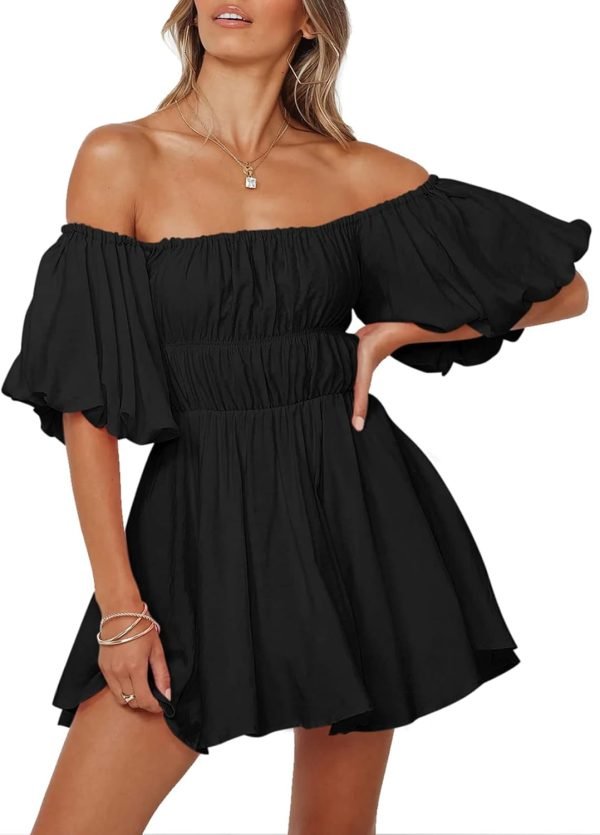 Saonta  Womens Off The Shoulder Summer Dresses 2024 Short Lantern Sleeve Ruffle Elastic Waist A-Line Casual Mini Dress