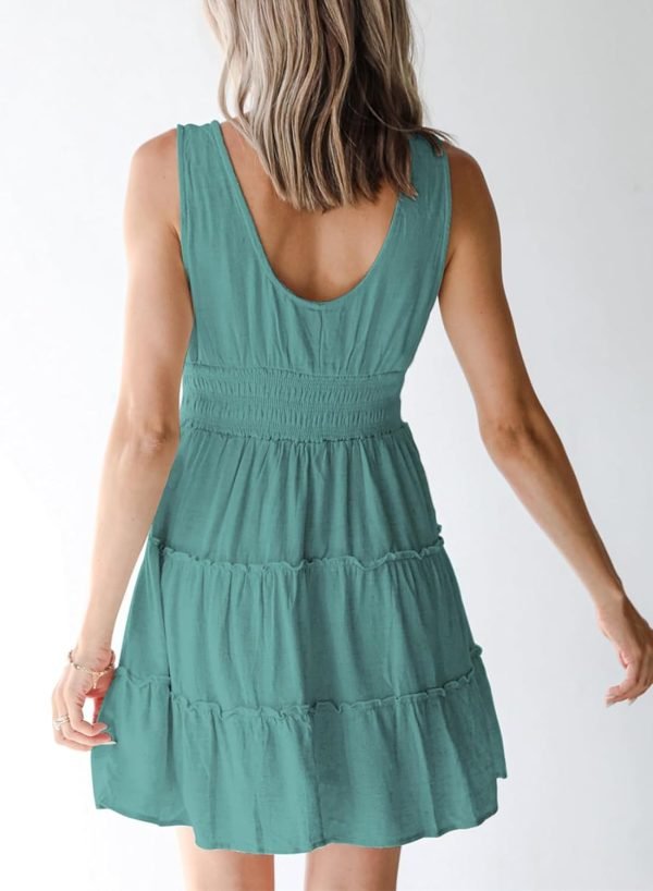 Saonta  Womens Summer Dresses 2024 Sleeveless Button Down Smocked Elastic Waist Ruffle Tiered Casual Swing Mini Dress